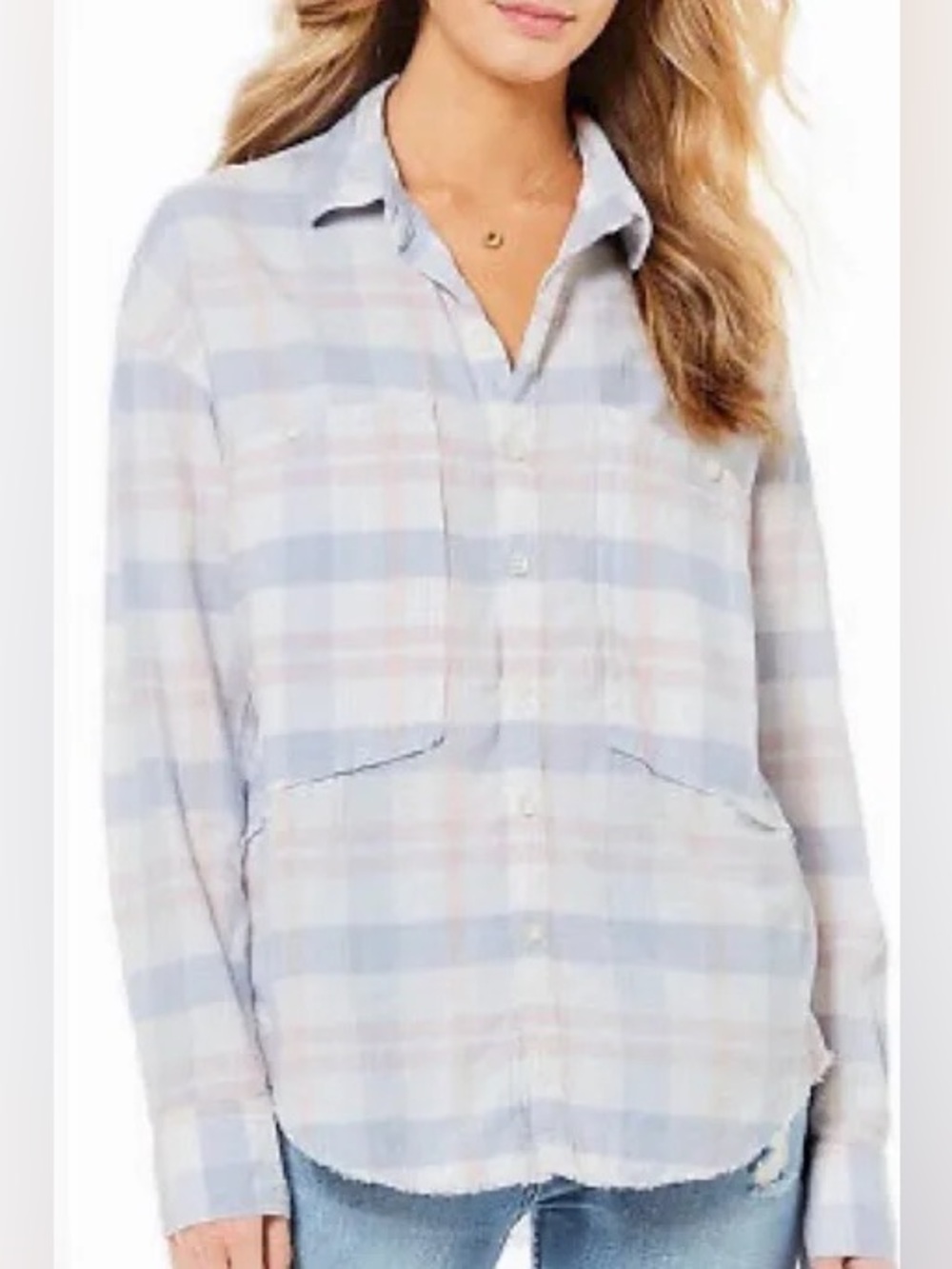 Free People Plaid Button-Down Shirt in Cream, Light Blue, Beige